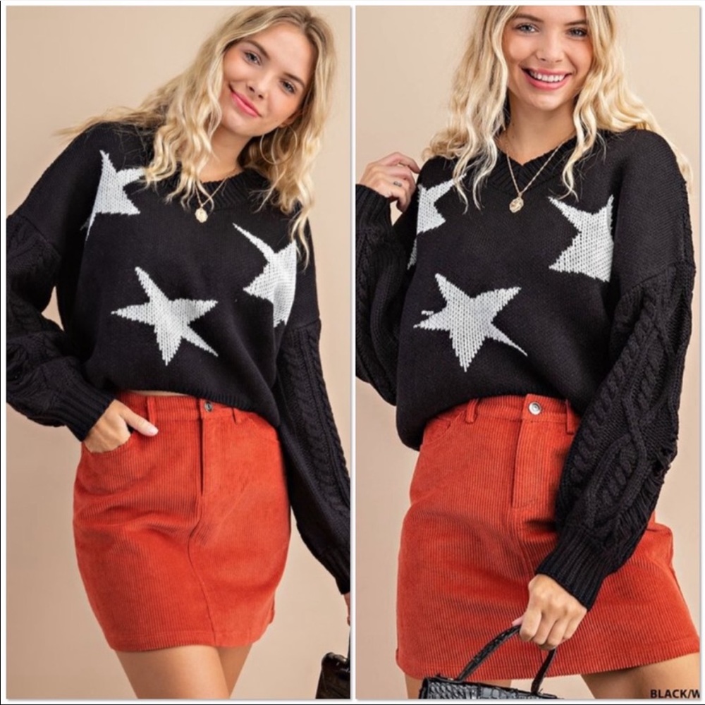 Black Crop Distressed Star Sweater